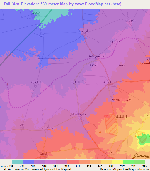 Tall `Arn,Syria Elevation Map