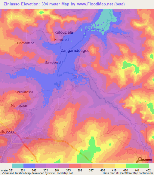 Ziniasso,Mali Elevation Map