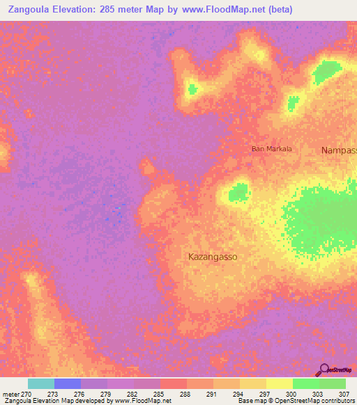 Zangoula,Mali Elevation Map