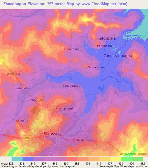 Zanadougou,Mali Elevation Map