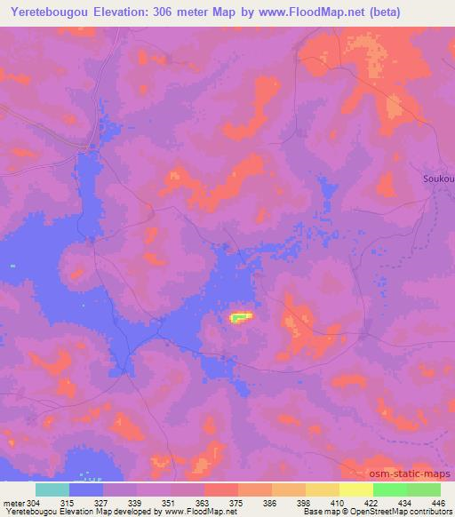 Yeretebougou,Mali Elevation Map