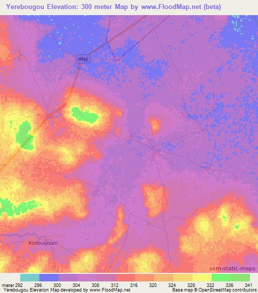 Yerebougou,Mali Elevation Map