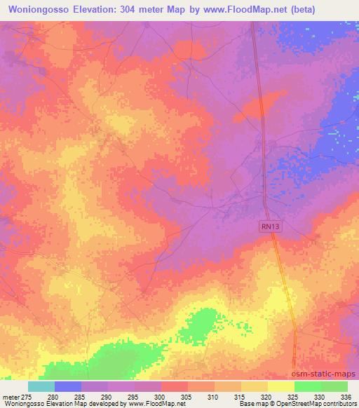 Woniongosso,Mali Elevation Map