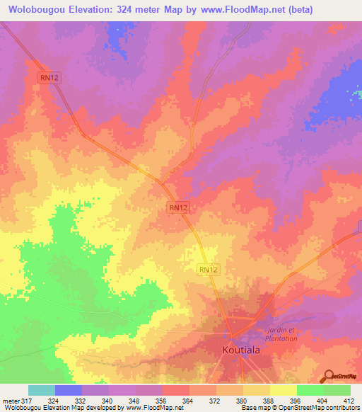 Wolobougou,Mali Elevation Map