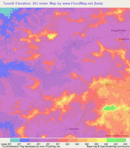 Toundi,Mali Elevation Map