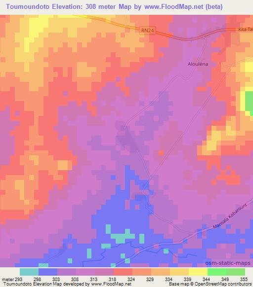 Toumoundoto,Mali Elevation Map