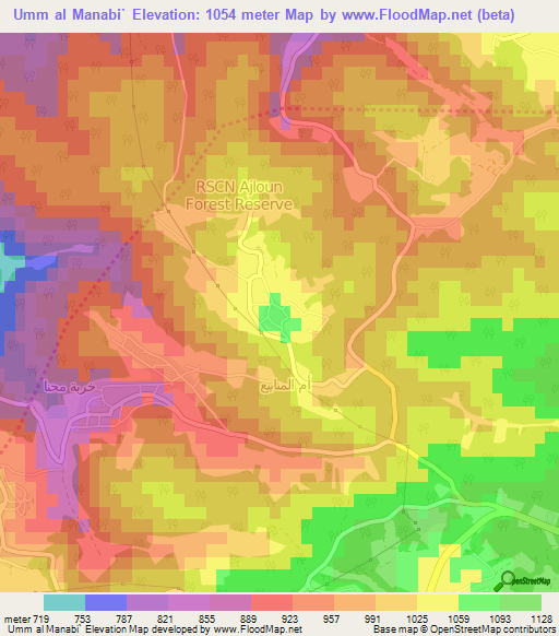 Umm al Manabi`,Jordan Elevation Map