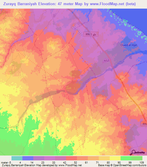 Zurayq Barraniyah,Tunisia Elevation Map