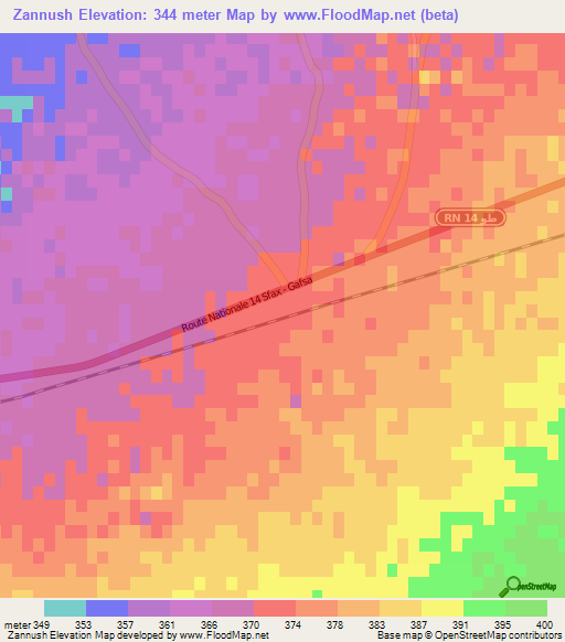 Zannush,Tunisia Elevation Map