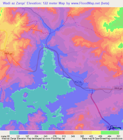 Wadi az Zarqa',Tunisia Elevation Map