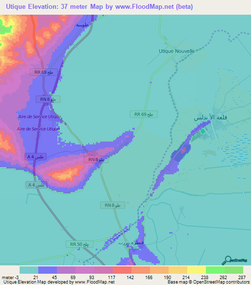 Utique,Tunisia Elevation Map