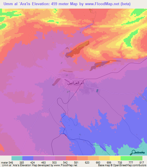 Umm al `Ara'is,Tunisia Elevation Map