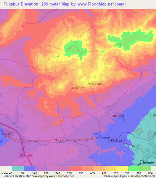 Tukabur,Tunisia Elevation Map