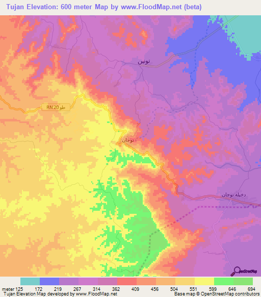 Tujan,Tunisia Elevation Map
