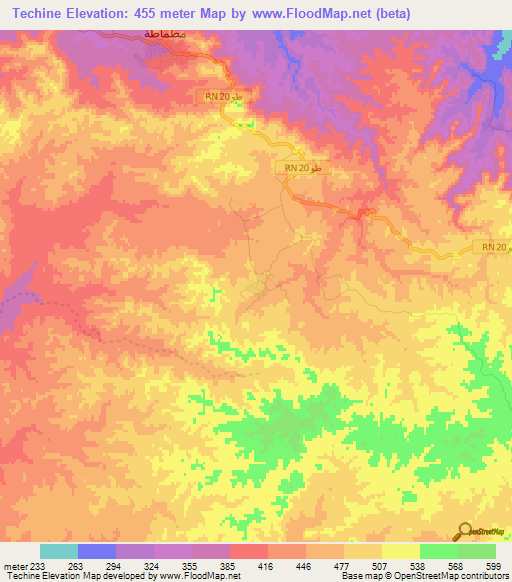 Techine,Tunisia Elevation Map