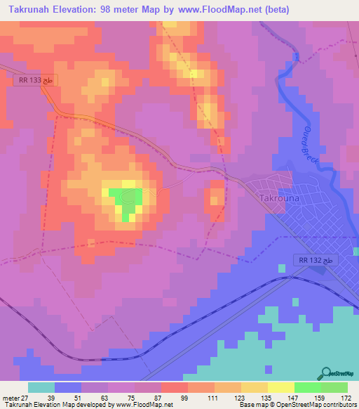 Takrunah,Tunisia Elevation Map