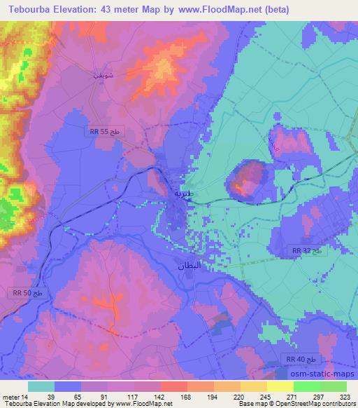 Tebourba,Tunisia Elevation Map