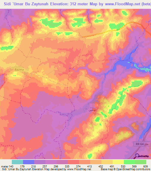 Sidi `Umar Bu Zaytunah,Tunisia Elevation Map