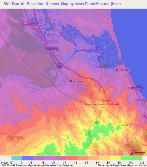 Sidi Bou Ali,Tunisia Elevation Map