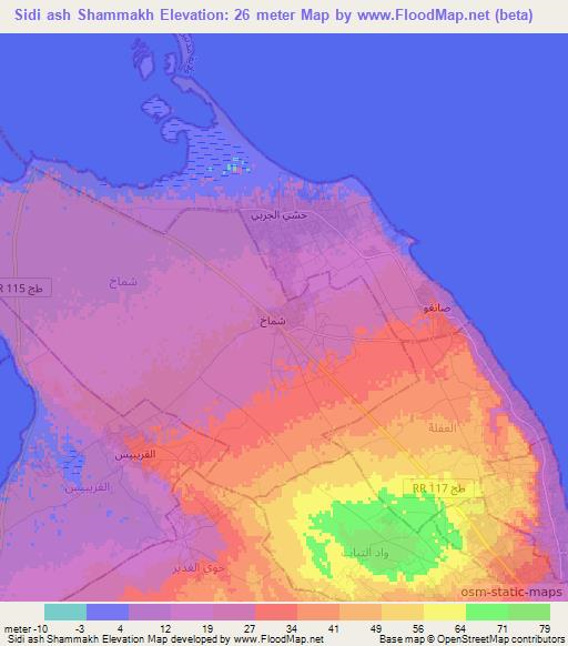 Sidi ash Shammakh,Tunisia Elevation Map