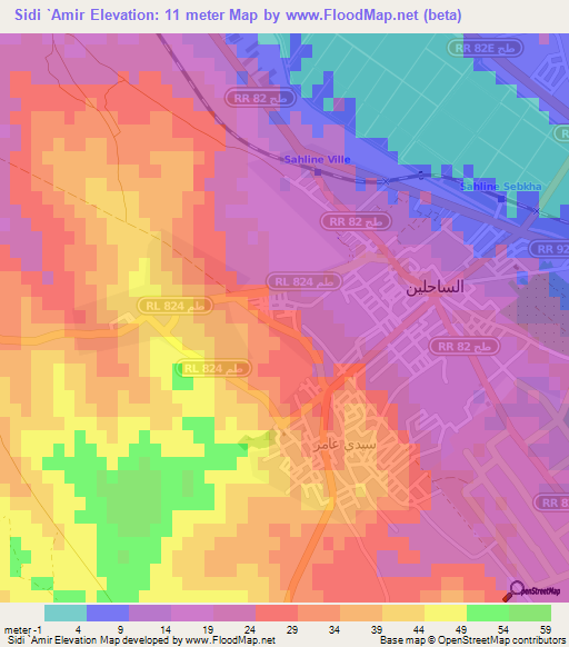 Sidi `Amir,Tunisia Elevation Map