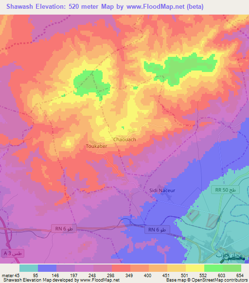 Shawash,Tunisia Elevation Map