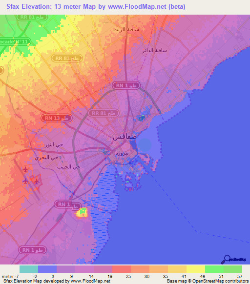 Sfax,Tunisia Elevation Map