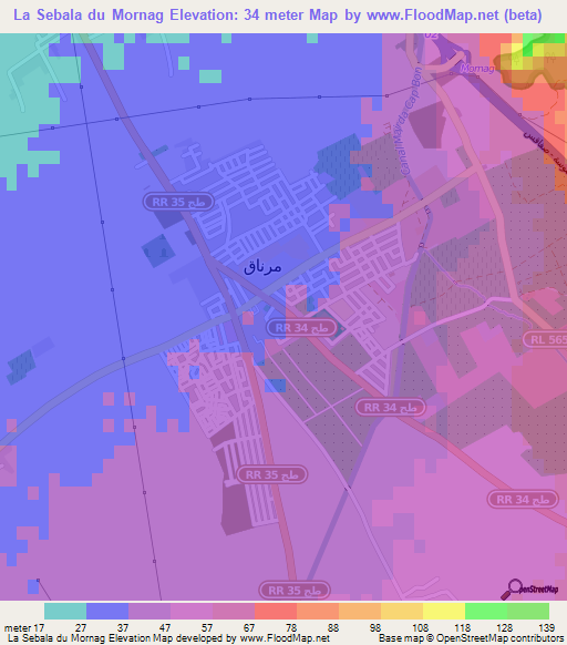 La Sebala du Mornag,Tunisia Elevation Map