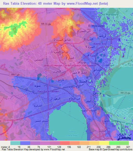 Ras Tabia,Tunisia Elevation Map
