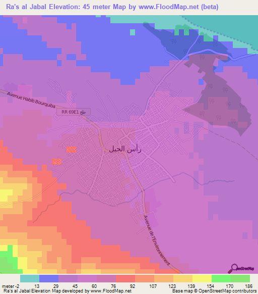 Ra's al Jabal,Tunisia Elevation Map