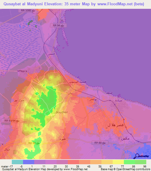 Qusaybat al Madyuni,Tunisia Elevation Map