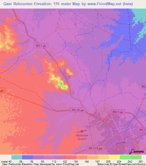 Qasr Rebounten,Tunisia Elevation Map