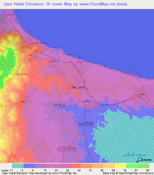 Qasr Hallal,Tunisia Elevation Map