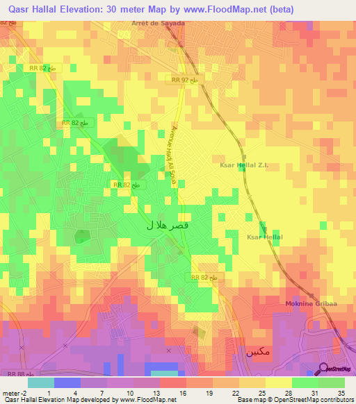 Qasr Hallal,Tunisia Elevation Map