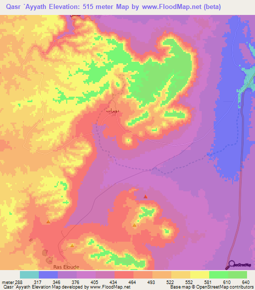 Qasr `Ayyath,Tunisia Elevation Map