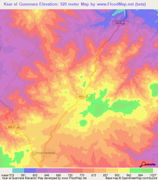 Ksar el Guennara,Tunisia Elevation Map