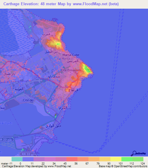 Carthage,Tunisia Elevation Map