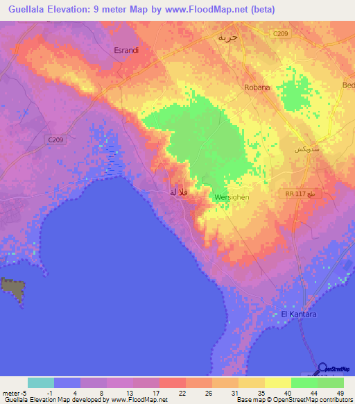 Guellala,Tunisia Elevation Map