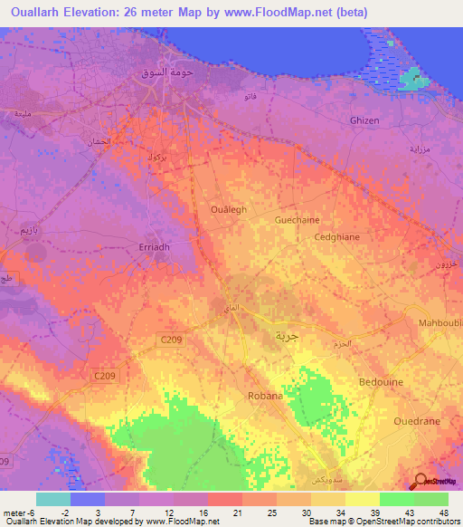 Ouallarh,Tunisia Elevation Map