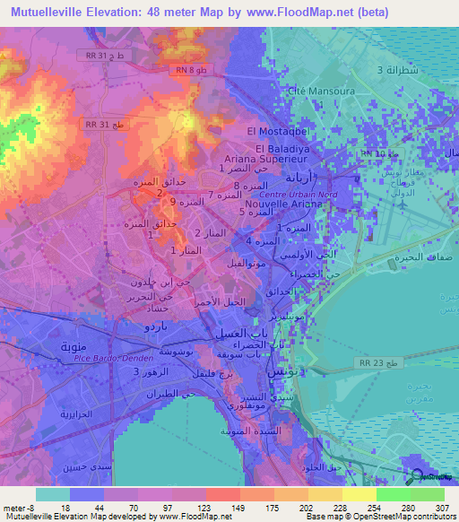 Mutuelleville,Tunisia Elevation Map