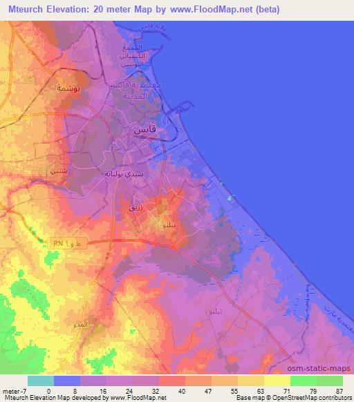 Mteurch,Tunisia Elevation Map