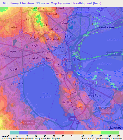 Montfleury,Tunisia Elevation Map