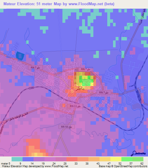 Mateur,Tunisia Elevation Map