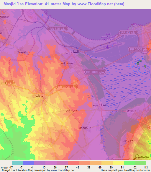 Masjid `Isa,Tunisia Elevation Map