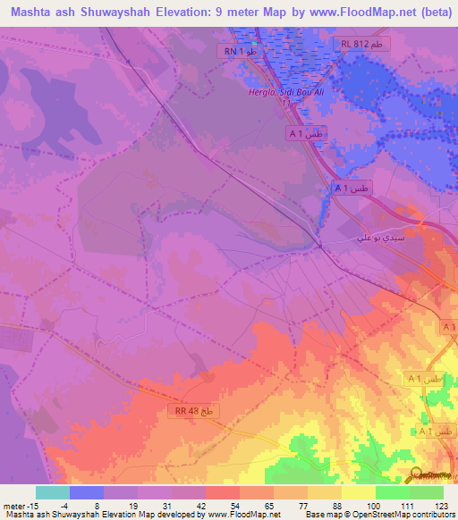 Mashta ash Shuwayshah,Tunisia Elevation Map