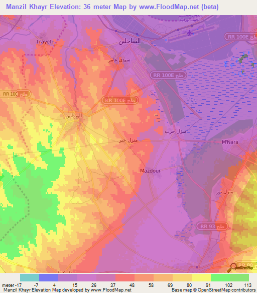 Manzil Khayr,Tunisia Elevation Map