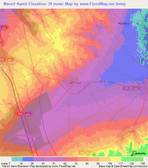 Manzil Kamil,Tunisia Elevation Map