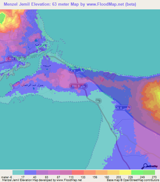 Menzel Jemil,Tunisia Elevation Map