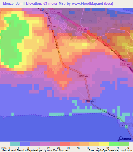 Menzel Jemil,Tunisia Elevation Map