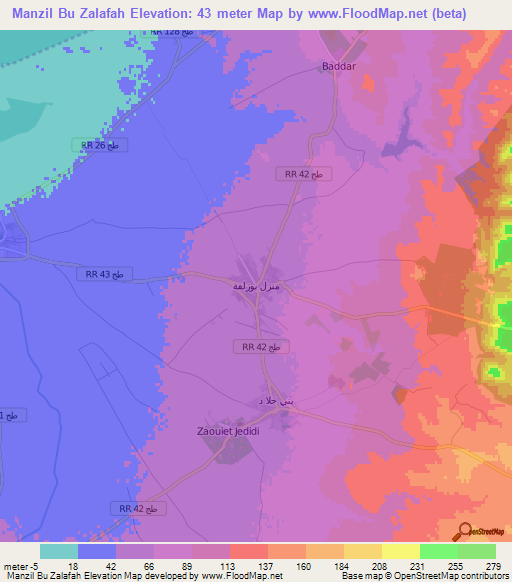Manzil Bu Zalafah,Tunisia Elevation Map